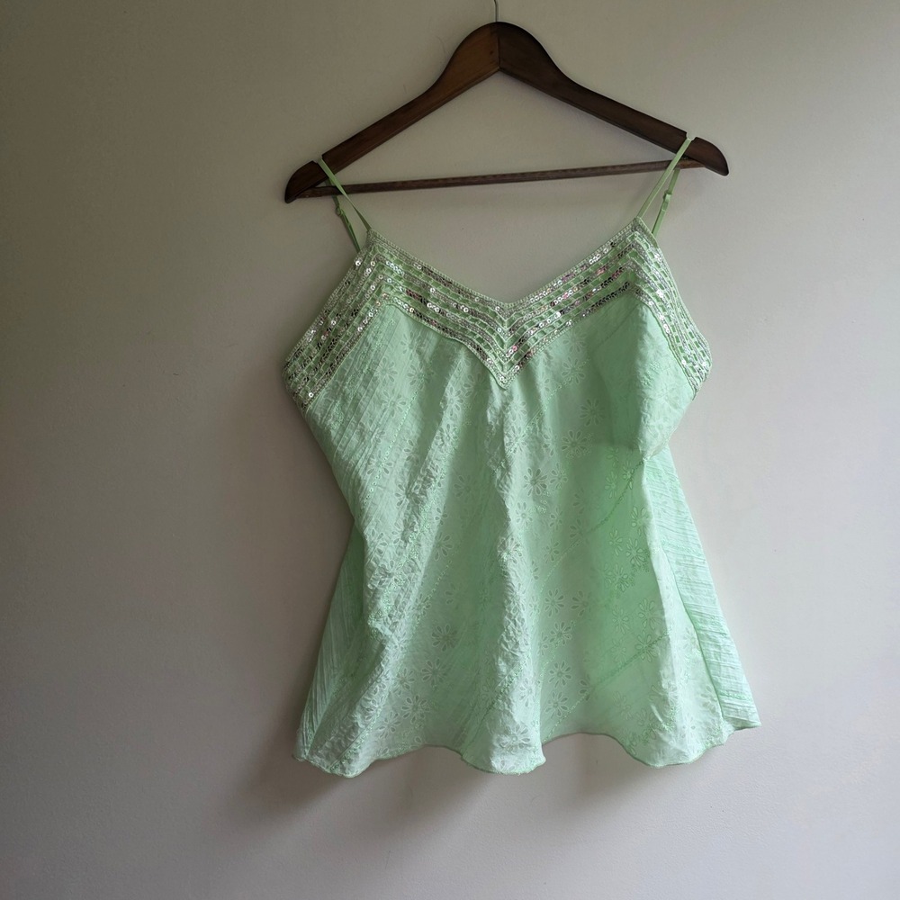 Vintage Y2K Spin Mint Green Eyelet Cotton Sequin Cami Top 18 XL Made in USA